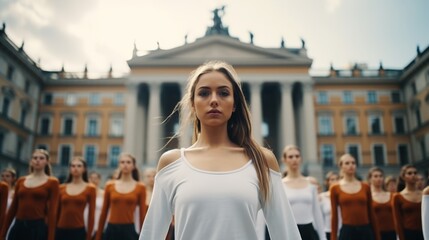 Dancer girls on a street with historical buildings