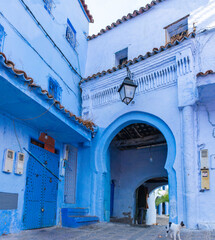 Semicircular arch, in Arabic style, on the blue painted street in the medina of Chefchaouen, Morocco
