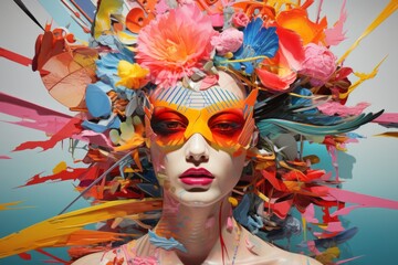 Abstract collage with various multicolored flowers on the girls face, bright juicy art photo with a...