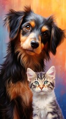 Cute dog and cat on a bright background, friendly pets