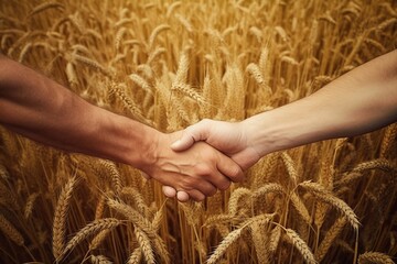 Two farmers shake hands in front of a wheat field. handshake of men farmers in shirts against the background of a wheat field. Farmers handshake over the wheat corp, close up. - obrazy, fototapety, plakaty