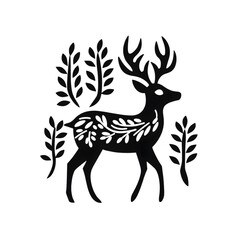 Hand drawn reindeer silhouette black and white graphic illustration isolated on transparent background	
