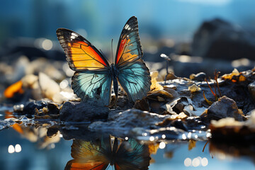 Butterfly consisting of household garbage on blue natural background, theme of ecology