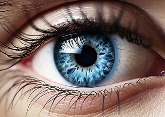 Female Blue Eye With Long Lashes Close Up. Human Eye Macro Detail