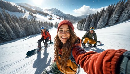 Mountain snowboarding adventure - woman taking selfie, friends in the background