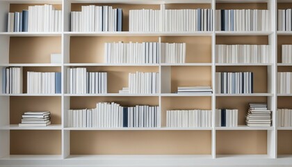 Softly lit white design room with shelves - array of white, beige, blue books