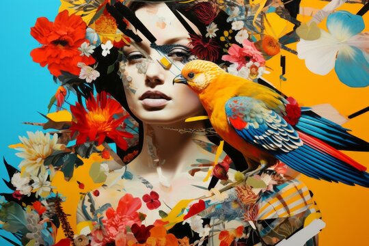 Abstract collage with various multicolored flowers on the girls face, bright juicy art photo with a young girl