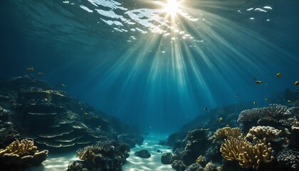 Diving and scuba background in underwater blue abyss, ocean sunlight filtering through