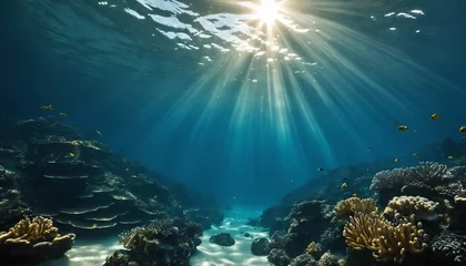 Foto op Aluminium Diving and scuba background in underwater blue abyss, ocean sunlight filtering through © ibreakstock