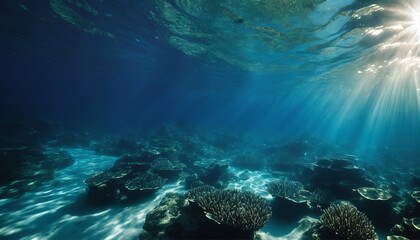 Scuba and diving backdrop, underwater ocean with blue abyss and sunlight streaming - obrazy, fototapety, plakaty
