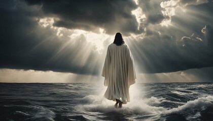 Biblical concept: Jesus traverses stormy sea on foot - obrazy, fototapety, plakaty