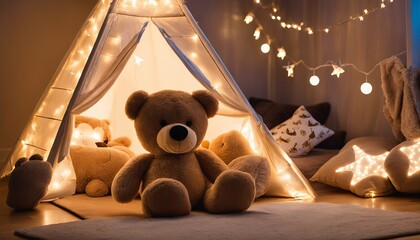 Children's bedroom transformed into a nighttime kindergarten haven with tent, teddy bear, and toys