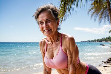 elderly old woman in on the beach wearing beachwear on a tropical vacation, being healthy and living a good life - obrazy, fototapety, plakaty