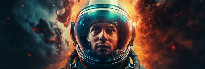 Male astronaut in a helmet close-up before a flight into space, thoughtful smart face of a brave man, space exploration, banner