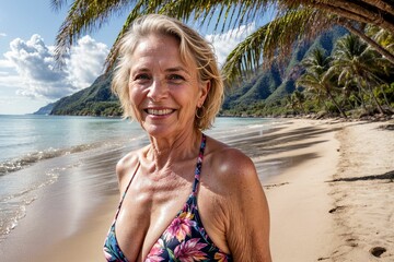 elderly old woman in on the beach wearing beachwear on a tropical vacation, being healthy and living a good life - obrazy, fototapety, plakaty