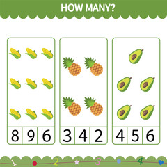 Vector education game for children counting how many cartoon fruit