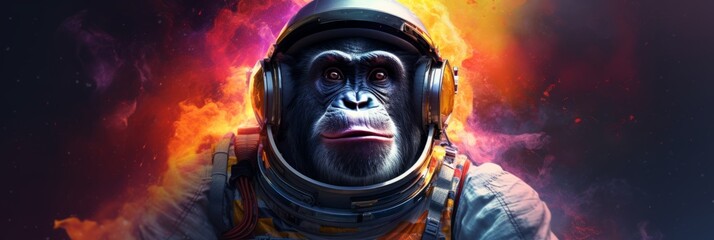 Chimpanzee monkey in spacesuit, first animals in space, space exploration, banner