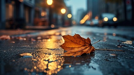 an autumn leaf laying in a wet street, in the style of captivatingly atmospheric cityscapes, lo-fi...