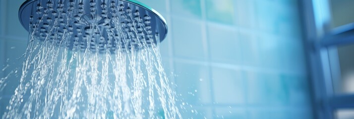 Wet shower, close-up water pouring from shower head, banner - obrazy, fototapety, plakaty
