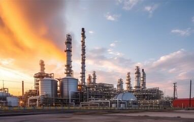 Obraz premium Close up Industrial view at oil refinery plant form industry zone with sunrise and cloudy sky