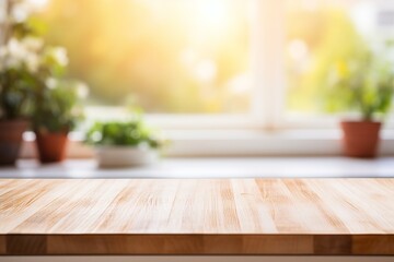 Empty Wooden Table with Modern Kitchen and Sunlit Windows - Ideal Product Placement Background