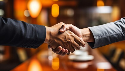 Successful Business Collaboration. Two Businessmen Shaking Hands with a Coffee Shop as a Background - obrazy, fototapety, plakaty