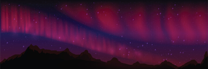 Red Northern Lights. Northern lights over the mountains. Night sky with aurora. Night winter landscape with aurora. Vector background