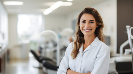 Dentist Woman Smiling While Standing in Dental Clinic - obrazy, fototapety, plakaty