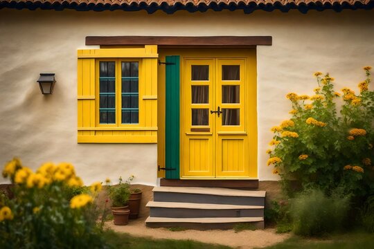 picture of a quaint little cottage with a wooden window on the right and tidy yellow walls.