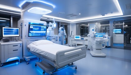 Modern operating room with advanced equipment and medical devices for surgical procedures - obrazy, fototapety, plakaty