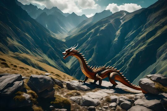 background of mountainous terrain with a dragon in the foreground.