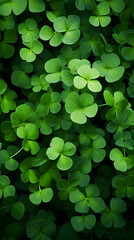 Vertical background for Saint Patrics day. A field of green clovers or shamrocks. Generative AI