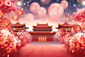 Illustration of a antique Chinese temple is illuminated with lanterns and red lanterns. Fireworks...