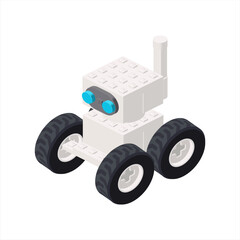 White robot on wheels in isometry. Vector