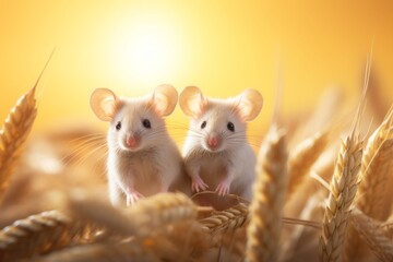 Cute and playful two delightful little mice joyfully exploring a breathtaking wheat field