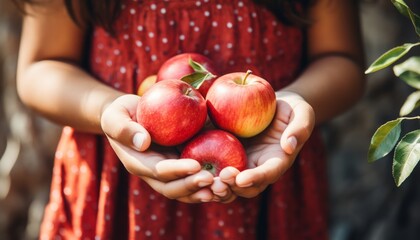 A curious young child gently grasping a ripe, red apple from a vibrant apple tree branch