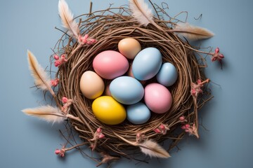 Multicolored pastel Easter eggs in a nest, top view, Happy Easter