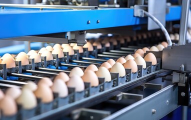 Eggs in a food processing facility, clean and fresh, ready for automated packaging. Egg factory industry poultry conveyor production