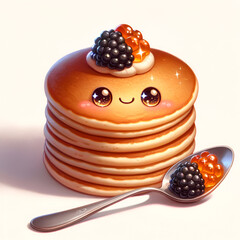 Cartoon pancakes with black and red caviar, smiling, warm light, for cookbooks