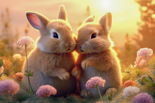 dos conejitos amorosos juntando sus caras y rodeados de flores, sobre fondo desenfocado de campo mágico al atardecer