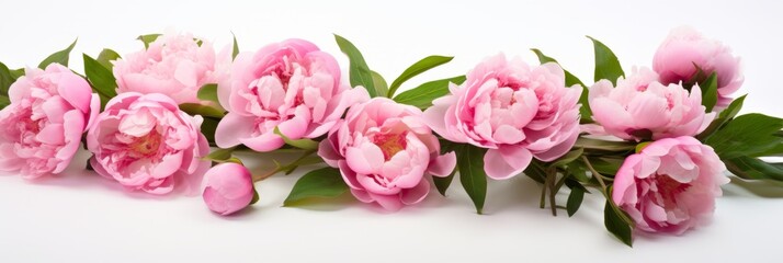 Beautiful bouquet of fresh pink peonies on a white background, banner
