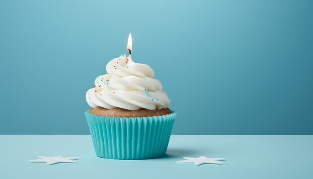 Delicious single birthday cupcake with a lit candle on a serene light blue background