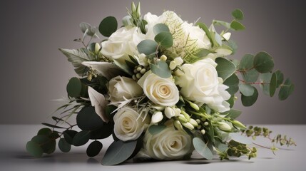 a wedding bridal bouquet in green tones, featuring white roses and eucalyptus adorned with dew drops on the leaves, highlighting the natural beauty and sophistication of this botanical arrangement.