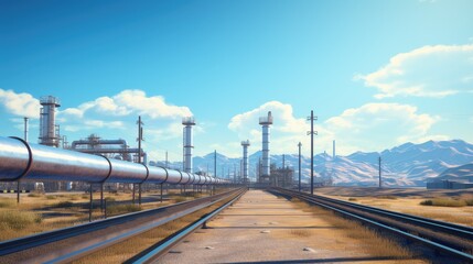 Fototapeta premium a pipeline and power lines set against the vivid blue sky, emphasizes the structural elements and the contrast between the man-made lines and the natural expanse of the sky.