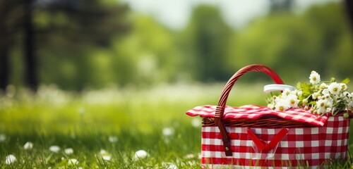 picnic basket with flowers - obrazy, fototapety, plakaty