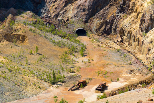 Closed copper mine with lost mining equipment on the ground in Falun, Sweden