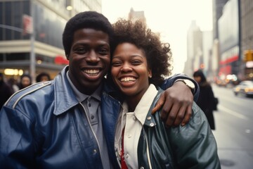 Black African American lovers couple in 1980s - obrazy, fototapety, plakaty