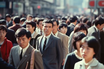 Fototapeta premium Crowd of Asian people walking street in 1970s