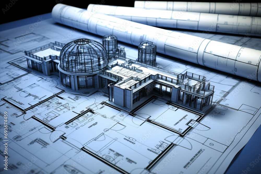 Poster architectural blueprint with various drafting tools for precise building design and construction
