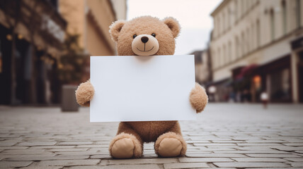 cute teddy bear holding a blank sign against the background of the park - obrazy, fototapety, plakaty